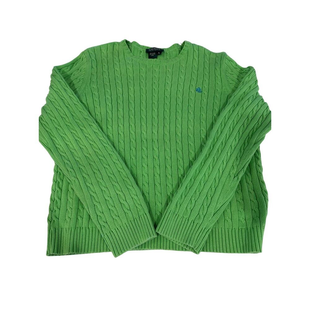 Lauren Ralph Lauren Womens XL Lime Green Cable Knit Cotton Sweater Crewneck Logo